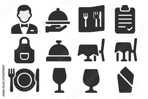 Restaurant Service Icons. Solid style icons of Restaurant service: waiter, serving tray, menu, order pad, apron, bell, table,