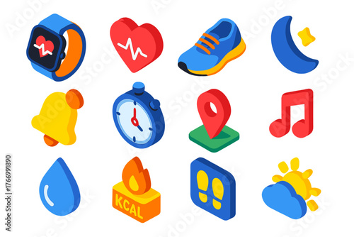 Activity Tracking Icons. Isometric vector illustration set Activity Tracking Icons: smartwatch, heart rate, sneaker, night mode,