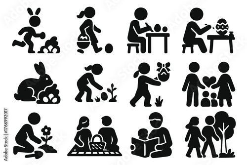 Easter Activities Icons. Solid style icons of Easter activities: egg hunt, basket carrying, painting eggs, decorating eggs, hiding