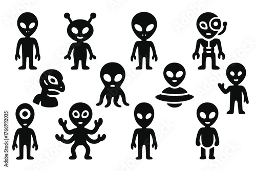 Alien Icons Collection. Solid style icons of Aliens and extraterrestrial creatures: alien, little green man, gray alien, insectoid