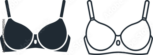 Bra style comparison, solid and outline design, underwire lingerie sketch, fashion icon set, black vector illustration, garment silhouette art