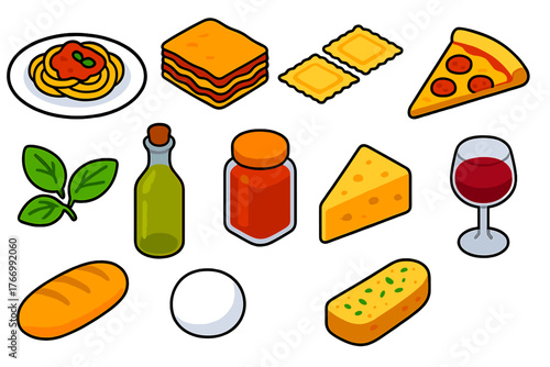 Italian Cuisine Icons. Isometric vector illustration set cooking themes: spaghetti plate, lasagna slice, ravioli, pizza slice,