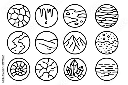 Cave Surface Icons. Line style icons of cave surfaces in round shape: rocky wall, dripping ceiling, muddy floor, dry stone; rough