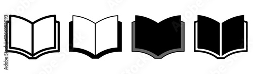 Black and white vector icons of open book in different styles (outline, filled, shaded) symbolizing education, knowledge, reading, publishing, study, learning, and library concept.