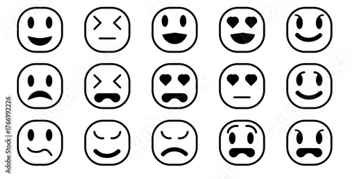 Black and white vector icon showing multiple emoticons or facial expressions symbolizing emotions like happiness, sadness, love, anger, surprise, joy, and mood variations in social communication.