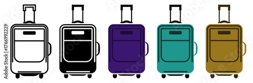Vector icons of travel suitcases in various colors symbolizing luggage, vacation, travel, adventure, journey, and holiday concept isolated on white background.