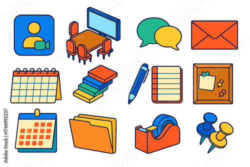 Communication and Organization Icons. Isometric vector illustration set communication and organization: video call icon,