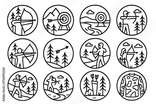 Archery In Nature Icons. Line style icons of archery in nature in round shape: forest shot, mountain range aim, field target,