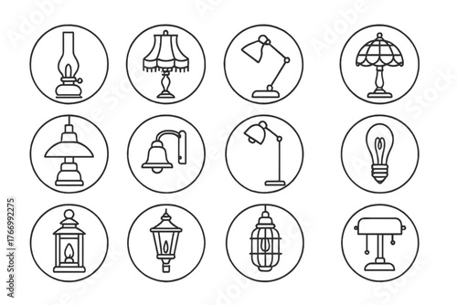 Vintage Lamp Icons. Line style icons of vintage lamps in round shape: antique oil lamp, victorian table lamp, classic desk lamp,
