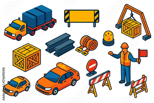 Isometric Logistics Icons. Isometric vector illustration set delivery and shipping: oversized load truck, pilot car, wide load