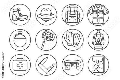 Jungle Gear Icons. Line style icons of jungle gear in round shape: hiking boots, wide-brim hat, heavy-duty backpack, explorer
