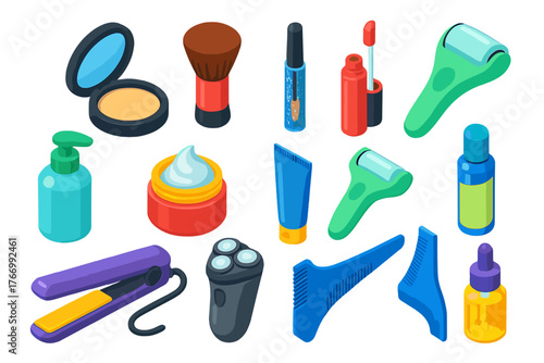 Vibrant Grooming Essentials. Isometric vector illustration set Makeup, Skincare, and Grooming: pressed powder compact, kabuki