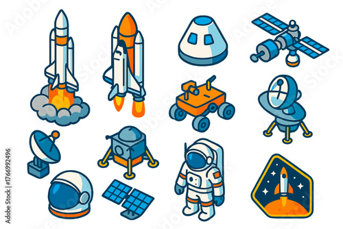 Space Travel Icons. Isometric vector illustration set Space Travel Technology: rocket launch, space shuttle, crew capsule, space