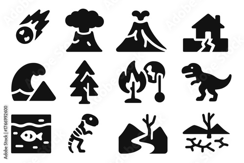 Nature's Fury Icons. Solid style icons of Extinction and events: meteor impact, ash cloud, lava flow, earthquake, tidal wave,