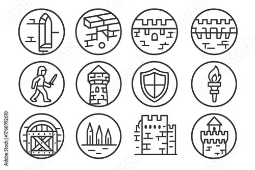 Castle Defense Icons. Line style icons of castle defenses in round shape: arrow slit, murder hole, battlement, fortified wall;