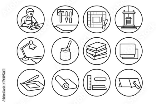 Bookbinding Tools Icons. Line style icons of binding workspace in round shape: bookbinder at desk, tool rack, cutting table,