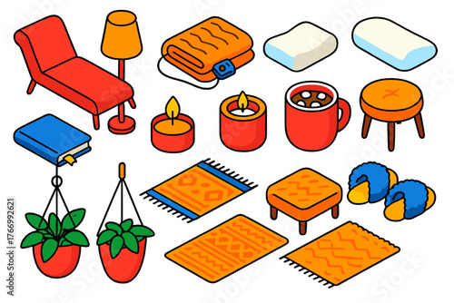 Cozy Comfort Icons. Isometric vector illustration set relaxation and comfort: chaise lounge, heated blanket, memory foam pillow,