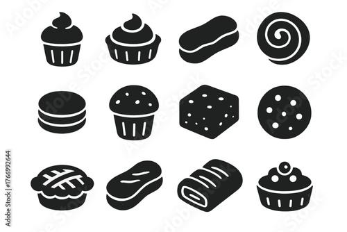 Pastry and Sweet Icons. Solid style icons of Pastries and sweets: cupcake, tart, eclair, danish, macaron, muffin, brownie, cookie,
