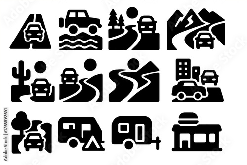 Adventure Travel Icons. Solid style icons of Adventure and travel: road trip, off-road driving, scenic route, mountain pass,