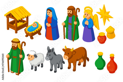 Nativity Scene Icons. Isometric vector illustration set Nativity Scene Icons: manger, baby Jesus figure, Mary figure, Joseph