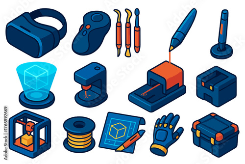 Design Tools Isometric Icons. Isometric vector illustration set design and editing tools: virtual reality headset, 3D modeling