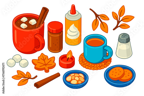 Autumn Drinks Icons. Isometric vector illustration set autumn drinks and tea: spiced hot chocolate, whipped cream, cocoa powder