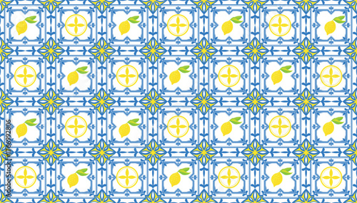 Mediterranean Ornament Seamless Pattern blue Italian tiles, ceramics with Lemon. Hand drawn vector illustration