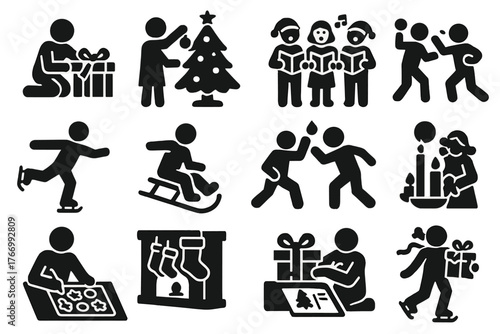 Holiday Activity Icons. Solid style icons of Holiday activities: gift wrapping, decorating tree, caroling, ice skating, sledding,