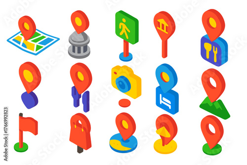 Tourist Navigation Icons. Isometric vector illustration set Tourist Navigation Icons: city guide map, monument location pin,