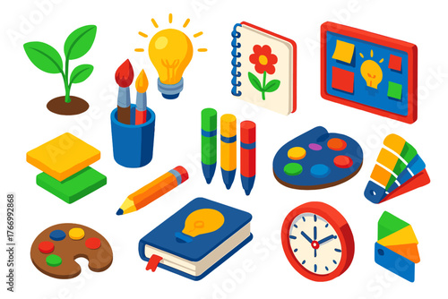 Creative Growth Icons. Isometric vector illustration set growth and creativity: new plant leaves, luminous bulb, artist sketchbook