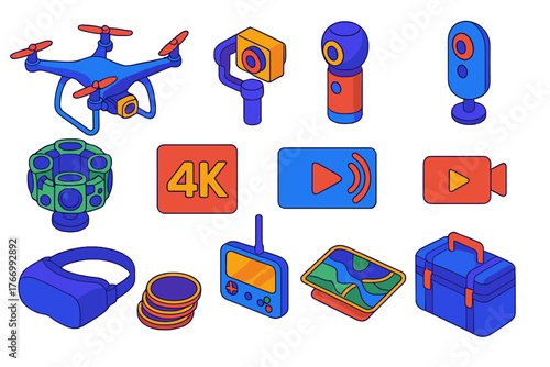 Drone Tech Icons. Isometric vector illustration set Drone Photography and Filming: camera drone, gimbal stabilizer, panoramic