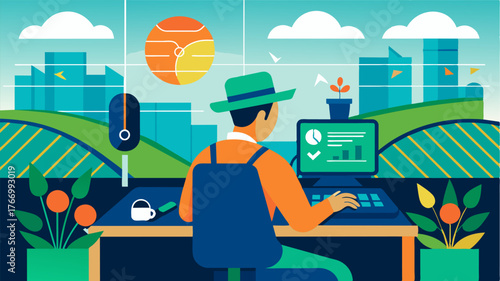 A farmer sits in their control room remotely monitoring and adjusting the settings of their IoTenabled soil nutrient sensors throughout their vast farm.. Vector illustration