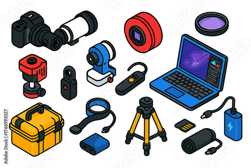 Amateur Astrophotography Tools. Isometric vector illustration set Amateur Space Photography: DSLR with telescope adapter,