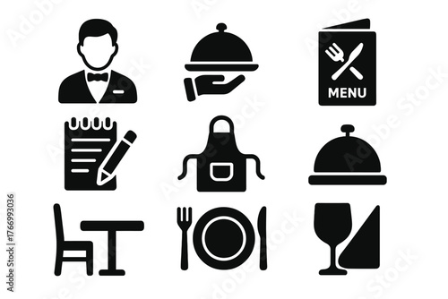 Restaurant Service Icons. Solid style icons of Restaurant service: waiter, serving tray, menu, order pad, apron, bell, table,