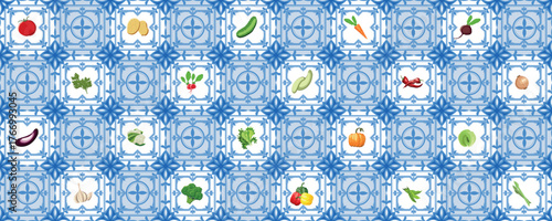 Mediterranean Ornament Seamless blue Italian tile Pattern, ceramics with vegetables on it. Tomato, potato, cucumber, onion, carrot, brocoli, cukini. Hand Drawn vector illustration.