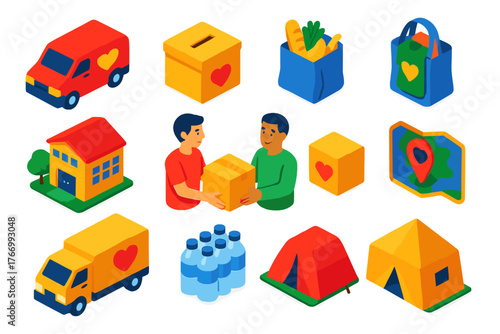 Charity Delivery Icons. Isometric vector illustration set delivery and shipping: charity delivery van, donation box, food parcel,