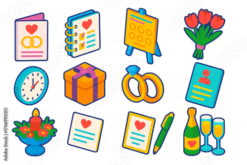 Wedding Planning Icons. Isometric vector illustration set Wedding Planning and Scheduling Icons: wedding invitation, planner