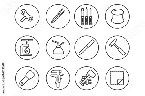 Clockmaking Tool Icons. Line style icons of clockmaking tools in round shape: winding key, tweezers, screwdrivers, loupe lens;