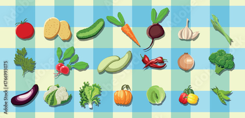 A big hand drawn set of vegetables in juicy cartoon style. The concept of healthy farm food and products on tablecloth background