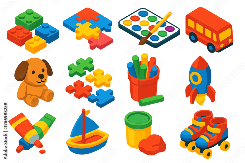 Fototapeta premium Bright Creative Toys. Isometric vector illustration set Creative Kids and Play: lego-style bricks, jigsaw puzzle, watercolor