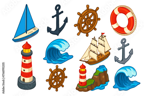 Nautical Icons Set. Isometric vector illustration set nautical symbols: blue racing yacht, black anchor, mahogany helm, lifebuoy