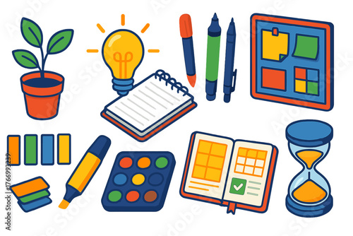 Creative Tools Icons. Isometric vector illustration set growth and creativity: plant with new leaves, idea light bulb, notepad,