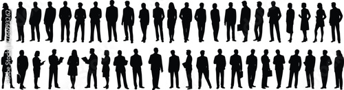 Business attire silhouettes, standing poses, professional icons, workplace diversity, office figures, corporate style, black silhouettes, career illustration, team graphic
