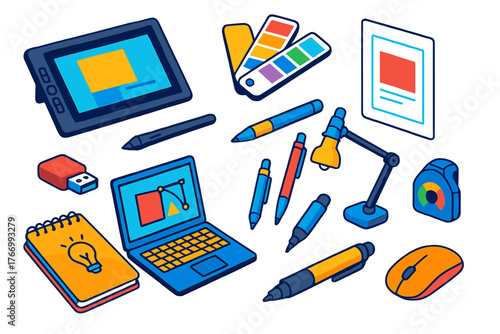 Graphic Design Tools. Isometric vector illustration set design tools for graphic designers and creatives: ultra-wide pen display,