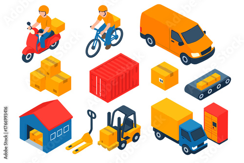 Delivery Icons Set. Isometric vector illustration set delivery and shipping: courier on scooter, courier on bicycle, delivery van,