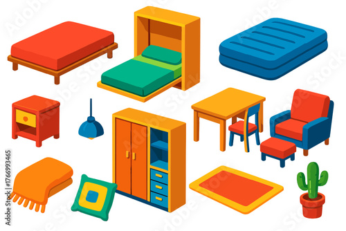 Vibrant Bedroom Essentials. Isometric vector illustration set bedroom elements collection: futon bed, Murphy bed, inflatable bed,