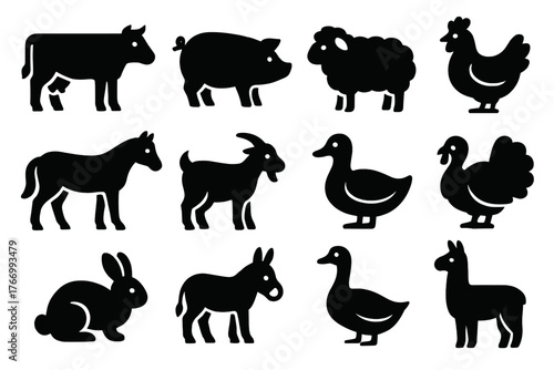 Solid Farm Icons. Solid style icons of Farm animals: cow, pig, sheep, chicken, horse, goat, duck, turkey, rabbit, donkey, goose,