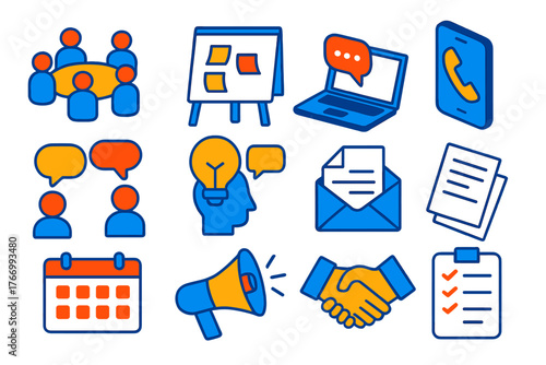 Workplace Communication Icons. Isometric vector illustration set Workplace Communication Icons: group meeting, whiteboard with