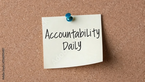 Sticky Note with Accountability Daily Message on Corkboard Surface