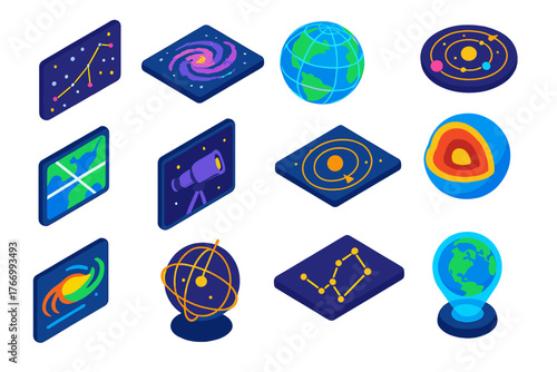 Space Exploration Icons. Isometric vector illustration set Space Data and Mapping: star chart, galaxy map, 3D planet globe, orbit